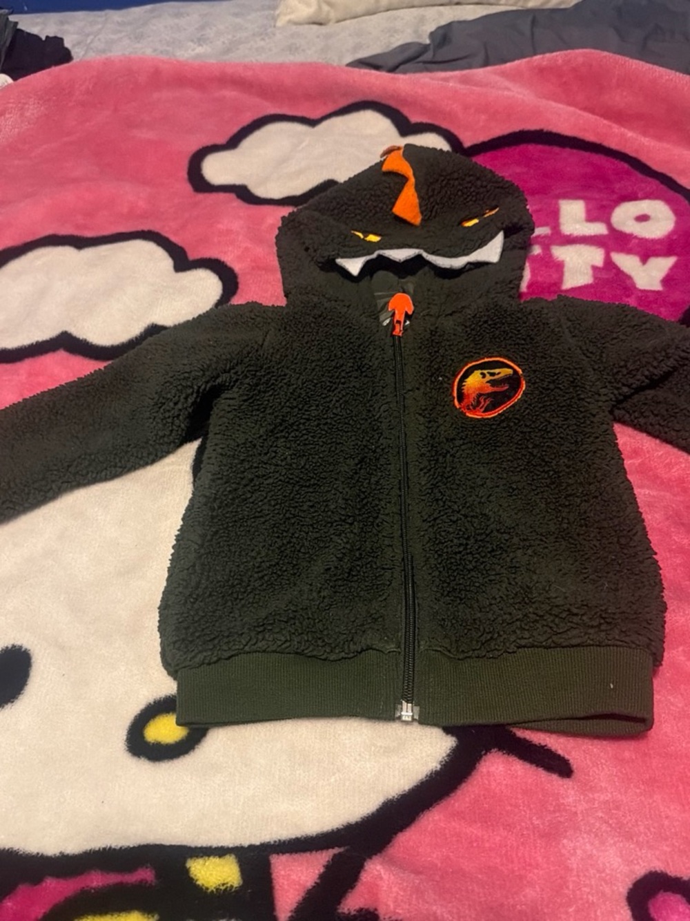 Kids Olive Green Monster Hoodie with Orange Dino Accent